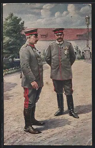 AK Kaiser Wilhelm II. und Paul von Hindenburg, Portrait in Uniform mit Eisernem Kreuz