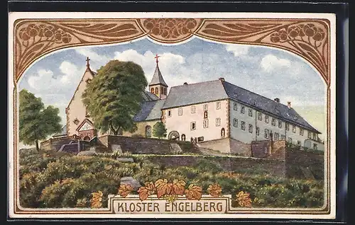 Künstler-AK Engelberg, Darstellung des Klosters in floralem Rahmen
