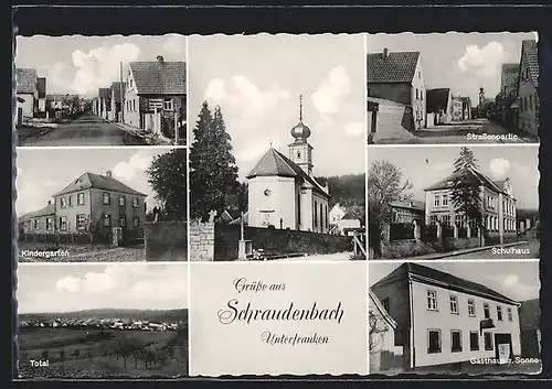 AK Schraudenbach /Unterfranken, Gasthaus z. Sonne, Kirche, Schulhaus, Totalansicht