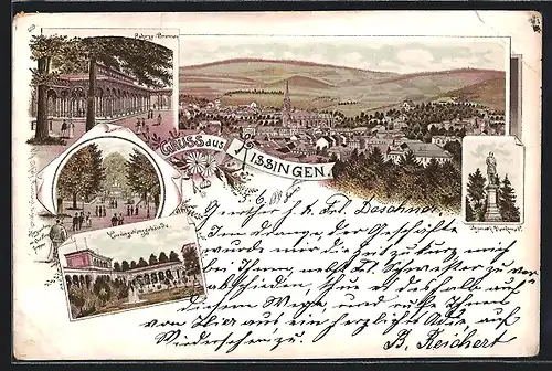 Lithographie Kissingen, Rakoczy-Brunnen, Kurgarten, Conversationgebäude, Bismarck-Denkmal