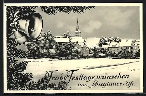 AK Burglauer, Schneebedeckter Ort mit Tannenzweigen und Glocken