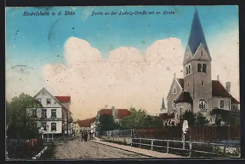 AK Bischofsheim v. d. Rhön, Partie an der Ludwig-Strasse mit ev. Kirche