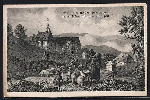 AK Bischofsheim, Hirten mit Schafherde am Kloster Kreuzberg
