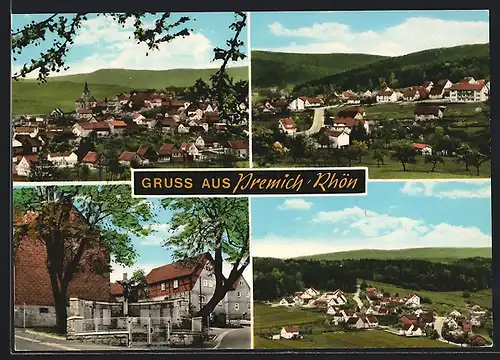 AK Premich-Rhön, Ortsansichten, Strassenpartie mit Fachwerkhaus und Wegkreuz