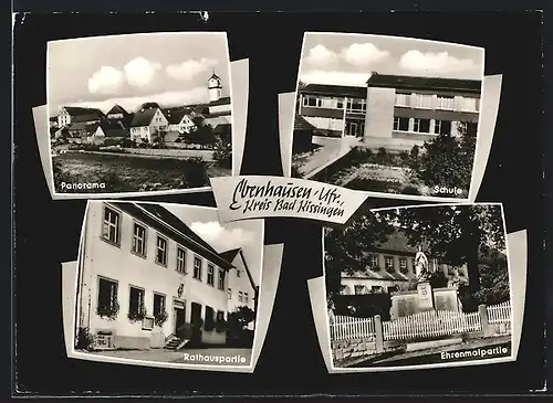 AK Ebenhausen /Ufr., Panorama, Schule, Rathauspartie, Ehrenmalpartie