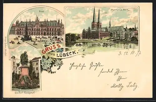 Lithographie Lübeck, Museum und Dom, Post, Geibel-Denkmal