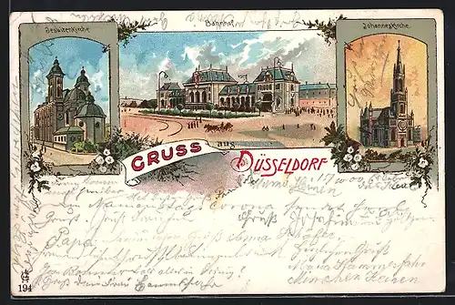 Lithographie Düsseldorf, Bahnhof, Jesuitenkirche, Johanneskirche