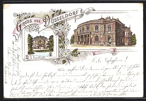 Vorläufer-Lithographie Düsseldorf, 1892, Kunsthalle und Theater