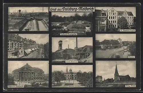 AK Duisburg-Meiderich, Rhein. Stahlwerke, Stadtpark-Rosengarten, Zeche Westend, Bahnhof