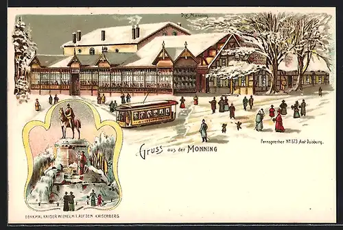 Winter-Lithographie Monning, Teilansicht mit Strassenbahn im Schnee, Kaiser Wilhelm I. Denkmal