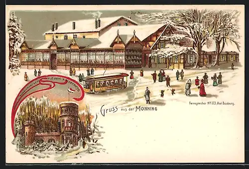 Winter-Lithographie Duisburg, Gasthaus Monning und Strassenbahn, Aussichtsturm auf dem Kaiserberg