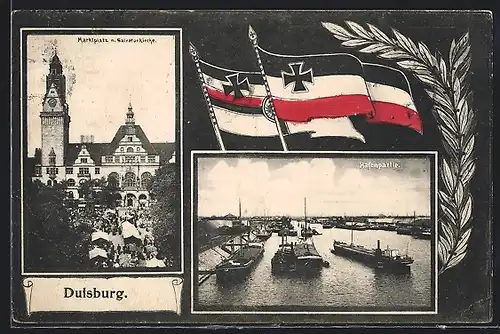 AK Duisburg, Hafenpartie und Marktplatz m. Salvatorkirche, Reichsflagge mit Eisernem Kreuz