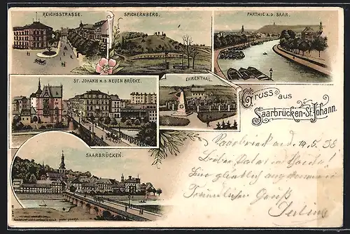 Lithographie Saarbrücken-St. Johann, Reichsstrasse, Ehrenthal, Partie an der Saar, Spichernberg