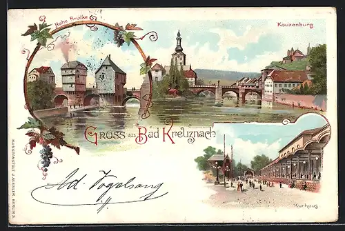 Lithographie Bad Kreuznach, Kauzenburg, Nahe-Brücke, Kurhaus