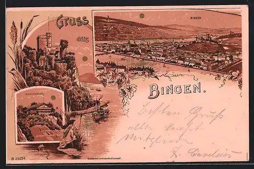 Lithographie Bingen, Schweizerhaus, Ortsansicht am Fluss bei Sonnenschein