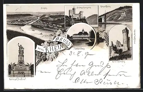 Lithographie Bingen, Nationaldenkmal, Ruine Ehrenfels, Jagdschloss