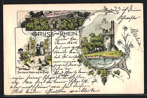 Lithographie Bingen /Rhein, Mäuseturm, der kleine Hatto auf der Flucht