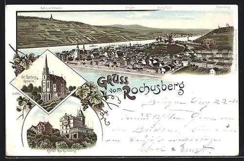 Lithographie Rochusberg, Hotel Rochusberg, St. Rochuskapelle, Ortsansicht mit Bingen, Burg Klopp und National-Denkmal