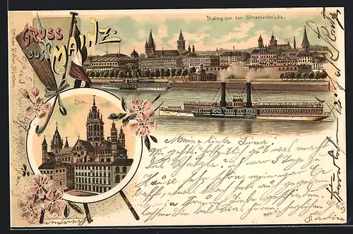 Lithographie Mainz, Blick von der Strassenbrücke, Dom