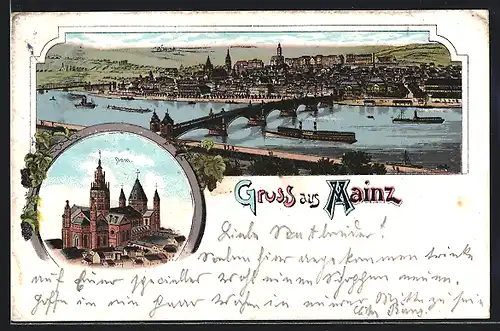 Lithographie Mainz, Ansicht Dom und Flusspanorama mit Dampfschiffen