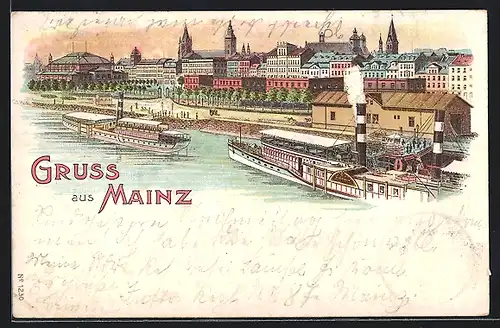 Lithographie Mainz, Flussdampfer vor Stadtpanorama