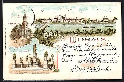 Lithographie Worms, Luther Denkmal, Dreifaltigkeitskirche, Flusspanorama