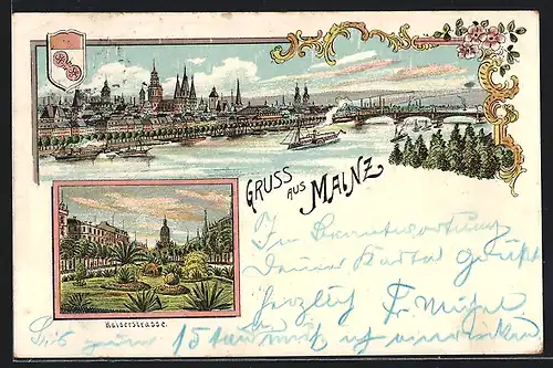 Lithographie Mainz, Flusspanorama mit Dampfer, Kaiserstrasse mit Grünanlage