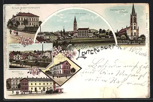 Lithographie Leutersdorf / Oberlausitz, Hotel mit Bahnhof und Dampflok, Lutherische Kirche, Kaiserl. Postamt