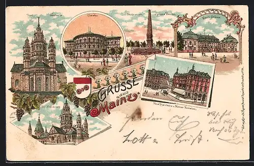 Lithographie Mainz, Dom, Theater, Neubrunnen & gr. Bleiche, Grossh. Schloss
