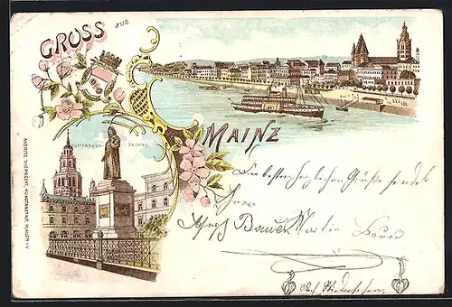 Lithographie Mainz, Flusspanorama mit Dampfschiff und Guttenberg-Denkmal