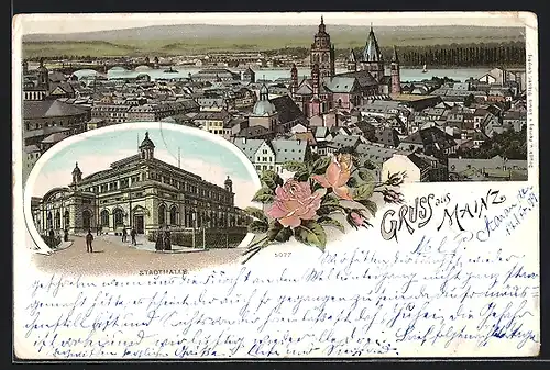 Lithographie Mainz, Totalansicht, Stadthalle