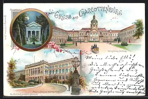 Lithographie Berlin-Charlottenburg, Köngiliches Schloss, Polytechnische Hochschule, Mausoleum I.