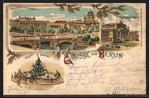 Lithographie Berlin, Schlossbrücke und Lustgarten, Begas-Brunnen, Schauspielhaus