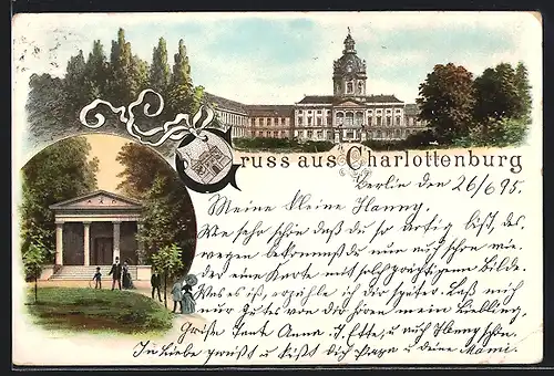 Vorläufer-Lithographie Berlin-Charlottenburg, 1895, Blick auf Schloss und Mausoleum