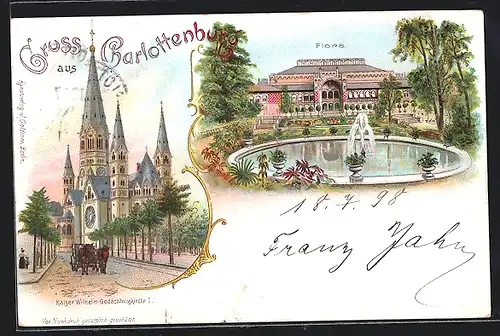 Lithographie Berlin-Charlottenburg, Kaiser-Wilhelm-Gedächtniskirche und Flora