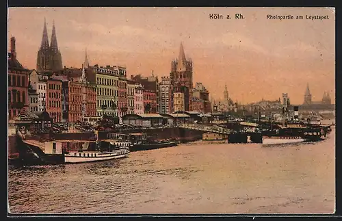 AK Köln a. Rhein, Flusspartie am Leystapel im Sonnenuntergang