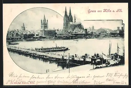 AK Köln a. Rh., Blick auf Bootsbrücke und Dom