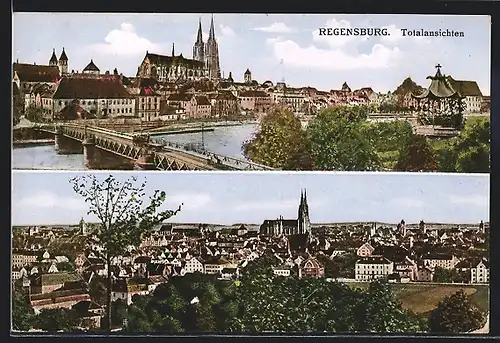 AK Regensburg, Totalansichten mit Fluss, Pavillon und Dom