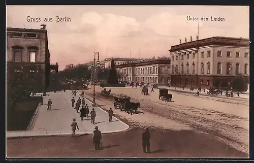 AK Berlin, Unter den Linden mit Denkmal