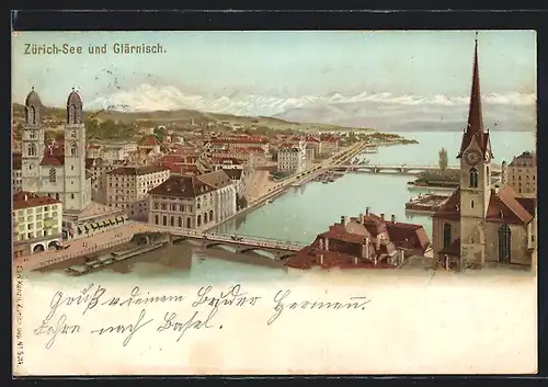Lithographie Zürich, Zürich-See und Partie von Glärnisch