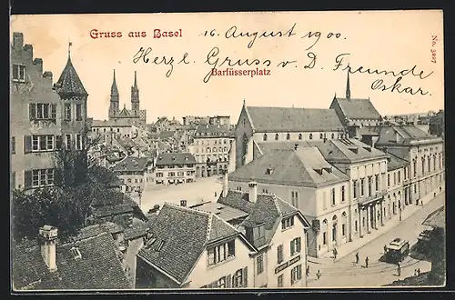AK Basel, Barfüsserplatz aus der Vogelschau