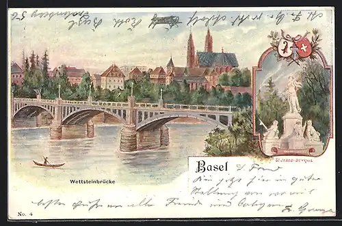 AK Basel, Teilansicht mit Brücke, St. Jakob-Denkmal, Wappen