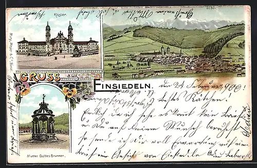 Lithographie Einsiedeln, Mutter Gottes-Brunnen, Kloster, Gesamtansicht