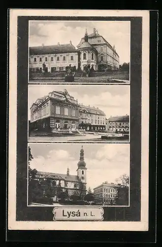 AK Lysá n. L., Schloss, Strassenpartie und Blick zur Kirche