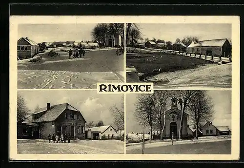AK Rímovice, Ortspartie und Kirche im Winter