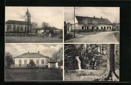 AK Opatovice, Gebäudeansicht mit Garten, Feldpartie mit Kirche, Waldpartie mit Passanten