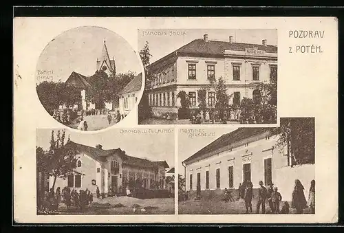 AK Potehy, narodni Skola, Hostinec Divadelny, Kirche, Schule, Gasthaus