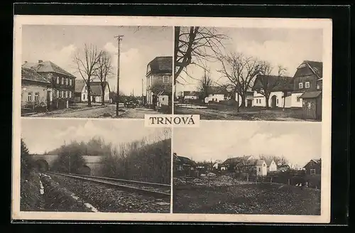 AK Katusice-Trnová, Strassenpartie, Wohnsiedlung, Bahngleise mit Brücke