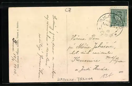 AK Katusice-Trnová, Strassenpartie, Wohnsiedlung, Bahngleise mit Brücke