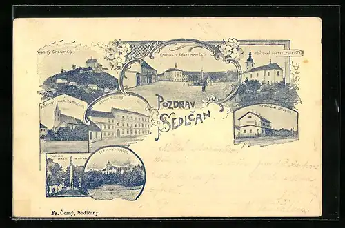 AK Sedlcany, Kirche, Denkmal, Bahnhof, Ortsansicht
